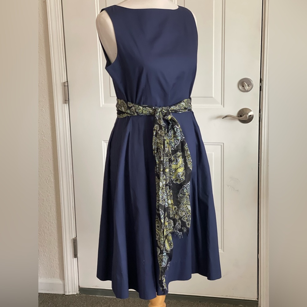 LL Bean Navy 100% Cotton Fit & Flare Lined Dress Sz 10